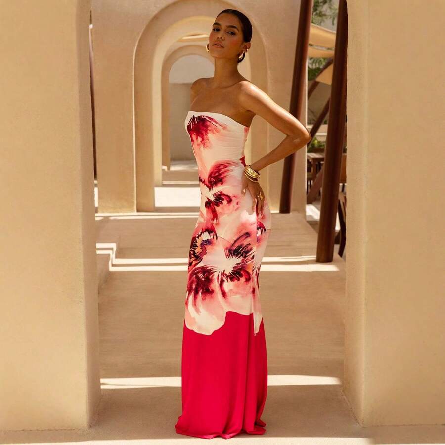 Strapless Slim Fit Maxi Dress, Tube Top Bandeau Design, Elegant Long Length Silhouette, Soft Flowey Fabric For Summer Beach Vacation Resort Dating Party Wear - 玫紅 - 查看 1