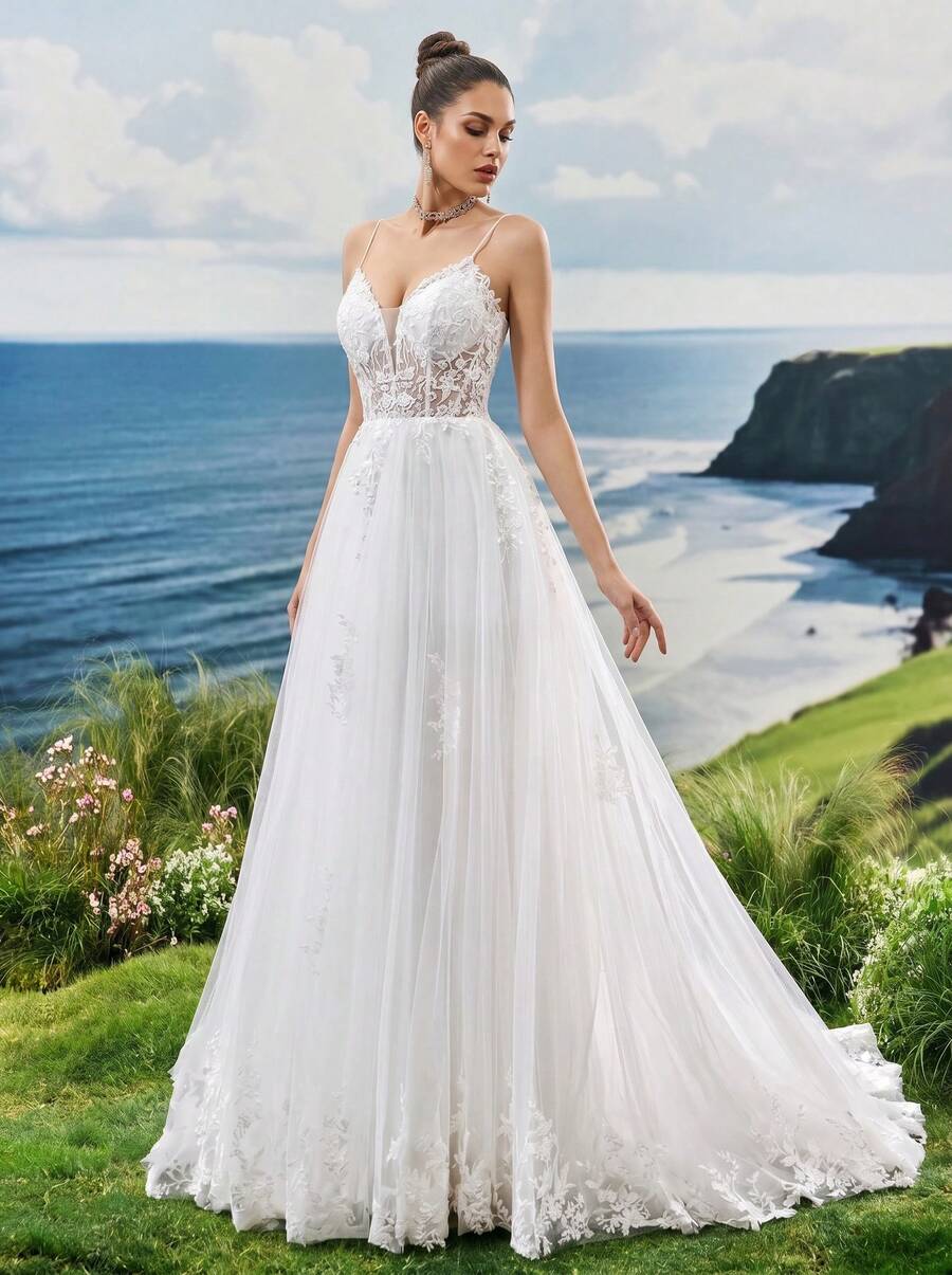 Elasola Váy cưới voan voan cầu kỳ, dây mảnh, sang trọng, thích hợp cho đám cưới trên bãi biển, ngoài trời hoặc sân vườn, màu trắng mùa xuân. - trắng - Xem 1