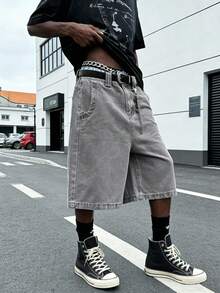 GlobeSwift Men's Denim Embroidered Graphic Print Shorts - Grey - View 4