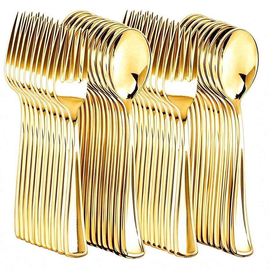 Gold Cutlery Set, Portable Salad Fork & Spoon, Reusable Utensils, Ideal For Couples, Travel, Camping, Office, School Cafeteria Lunch Box, Cutlery Set, Party, Valentine's Day, Back To School Party, Kitchen & Dining, Cutlery Set