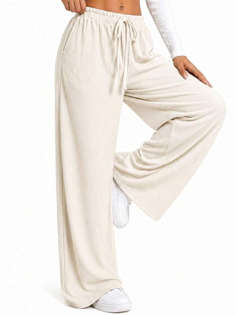 Women's Ribbed Wide-Leg Pants, High Waist, With Drawstring, Comfortable And Casual, Sizes P To G2 Plus Size - Off White - View 1