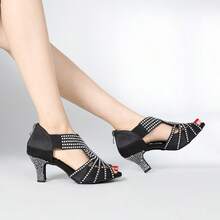 1 Pair Black Satin Rhinestone Decorated Comfortable 6CM High Heel Latin Dance Shoes, Suitable For Rumba, Cha Cha - Black - View 1