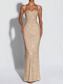 Black Rhinestone Embellished Square Neck Wide Strap Fitted Mermaid Floor Length Maxi Dress, 2026 April Hot  Formal Gala Black Tie Wear, Spring Summer New Arrival - 香檳色 - 查看 1