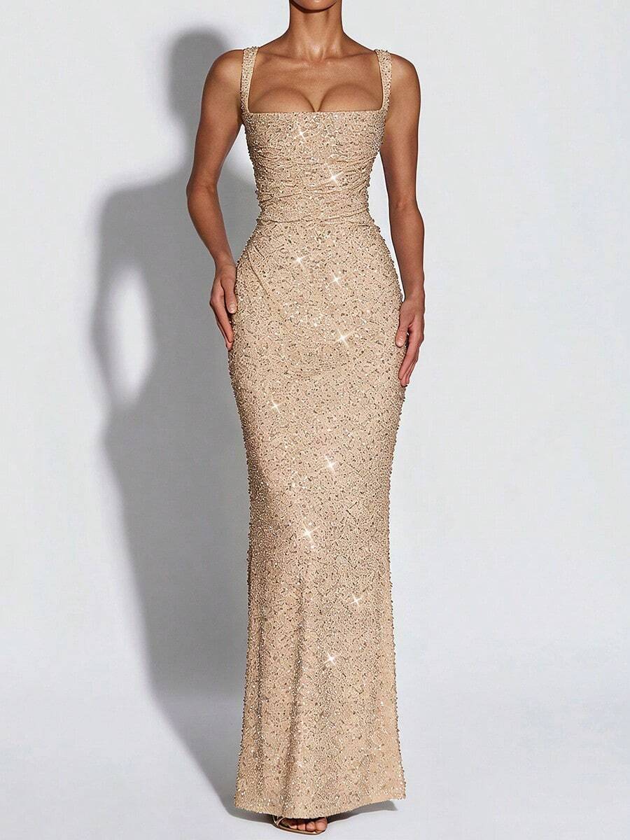 Black Rhinestone Embellished Square Neck Wide Strap Fitted Mermaid Floor Length Maxi Dress, 2026 April Hot Formal Gala Black Tie Wear, Spring Summer New Arrival - 香檳色 - 查看 1