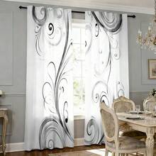 2pcs Black & White Scroll Pattern Semi-Blackout Curtains, No-Drill Rod Pocket Design, Style For Living Room, Kitchen, Home Decor, Polyester Fabric, Machine/Hand Washable - Multicolor - View 10