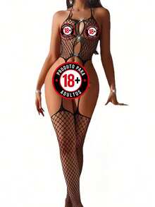 Sexy Fishnet Bodysuit With Bows And Sparkling Hearts, Halter Neck, Erotic Lingerie, One Size Fits All. - 黑色 - 查看 6