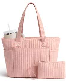 Puffer Tote Bag For Women, Quilted Cotton Laptop Work Tote Shoulder Bag For College School, Teacher, Nurse, Travel | Top Full-Zip Closure, Lightweight, Puffy, With Cosmetic Bag, 40 OZ Tumbler Holder, 14" Computer Bag, Ideal Gift For Women, Pink - Hồng - Xem 1
