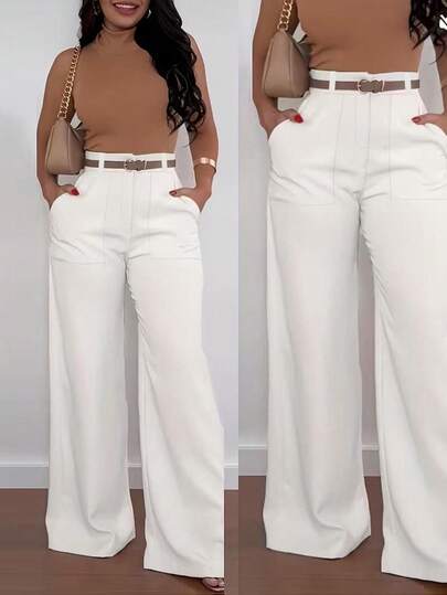 Pantalones casuales de pierna recta y cintura alta de moda para mujer, color blanco, para primavera