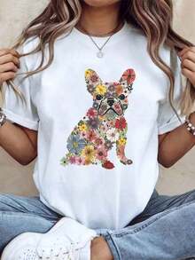 GiftGift1 pieza Camiseta de mujer con estampado floral - Manga corta, cuello redondo, top casual de verano, transpirable, lavable a máquina, elegante para fiestas y uso diario, camiseta de 180g, 100% algodón suaveSoftSoft - Blanco - Ver 7