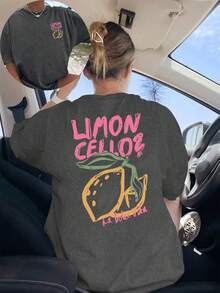 Plus Size Women's Casual Lemon Print Round Neck Short Sleeve T-Shirt, Suitable For Spring, Summer, Autumn, Vacation - Dark Grey - View 3