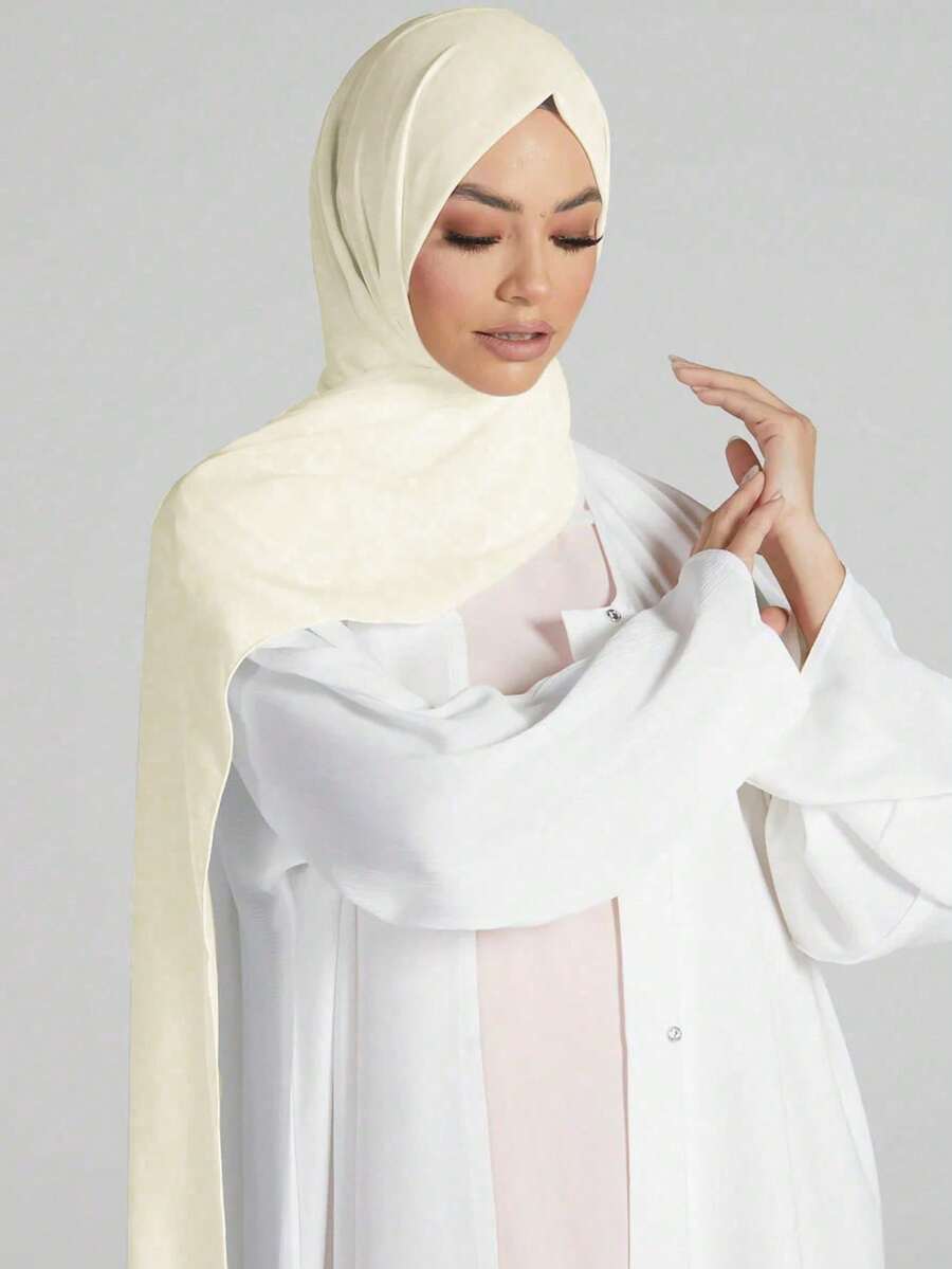 1pc Women's Solid Color Pearl Chiffon Soft Headscarf, Arabic Casual Long Scarf, Plain Headwrap, Suitable For Vacation, Party, Wedding, Evening Dress, Middle Eastern Daily Use - Beige - View 1
