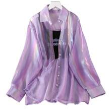 JMPRS-Tops holgados de arcoíris para mujer, camisas Harajuku, blusa de tul brillante, moda coreana de manga larga, Tops bonitos para playa de verano para mujer - Morado - Ver 3