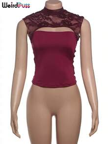 Camisetas sin mangas con diseño de gato extraño para mujer, retales de Jacquard, escote transparente, ajustado, elástico, , fiesta de medianoche, ropa elegante para discoteca - Rojo - Ver 1