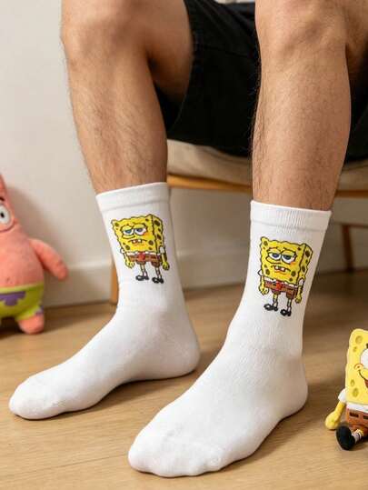 SpongeBob SquarePants 1 Pair Unisex Cartoon Printed Crew Socks, Fashionable Versatile Casual Sports Socks, Suitable For Spring/Summer