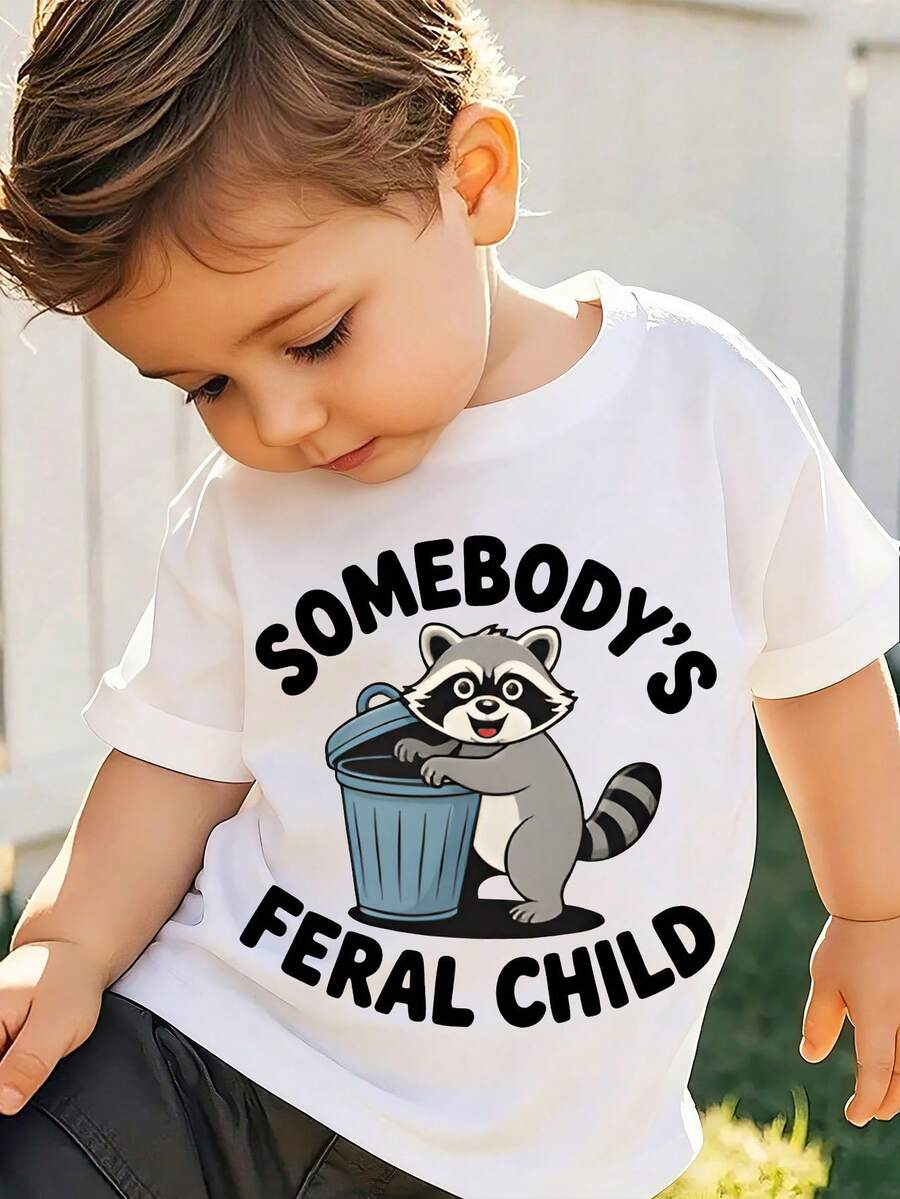 Somebody's Wildness Child - Trash Panda Raccoon Cartoon Print Short-Sleeve T-Shirt For Children And Babies, A Stylish And Casual Round-Neck Top Suitable For Boys And Girls To Wear All Year Round. - 白色3 - 查看 1