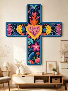 1pc Floral Cross Wall Decor, Hand-Painted Decorative Wooden Cross, Mexican Art Wall Decor, Mexican Cross, Home/Classroom/Church Decor, Vintage Style - A - View 2