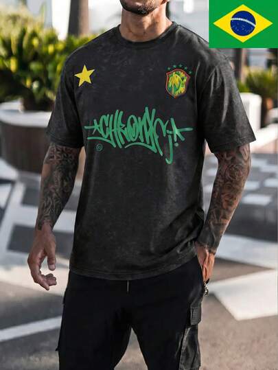  FRACTYR Pánské letní ležérní pouliční módní tričko s brazilským graffiti potiskem, oboustranný design, volný střih, kulatý výstřih, krátký rukáv, kulatý výstřih, střih American High Street, volný střih