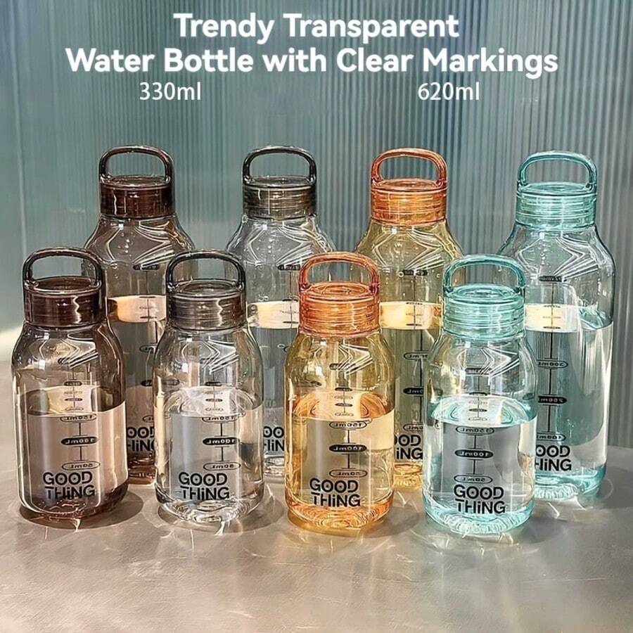 1個水藍色透明刻度水瓶，330ml/620ml 塑膠水杯，附透明刻度與手把蓋，輕量可重複使用方形水瓶，適合女性與女孩，適用於學校、工作、健身、旅行、戶外及夏季補水