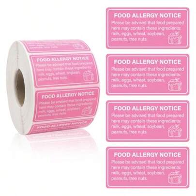 Restaurant, Bakery, Cake Shop Use: Waterproof Pink Food Allergy Stickers 2x1in , Self-Adhesive, 1000pcs Per Roll, Allergen Warning Safety Labels For Kitchen And Party Food Handling
