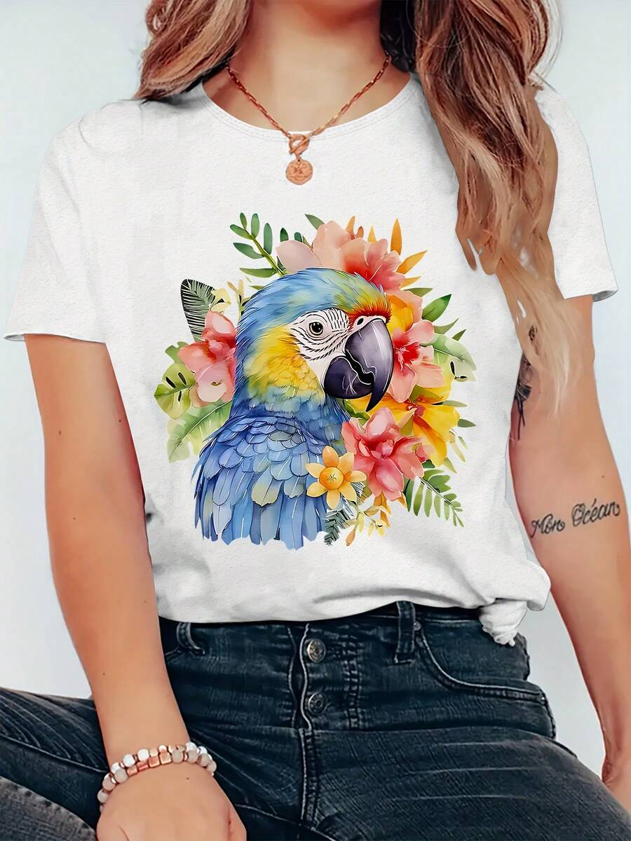Camiseta de impresión floral del papago vibrante de las mujeres - manga corta casual, cuello redondo, top de verano ligero para el hogar, el trabajo y las actividades al aire libre, la camiseta de entrenamiento | Estilo casual | Ajuste cómodo, camisetas de señoras