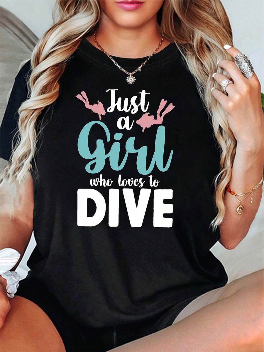 Women's Diving Theme T-Shirt | Casual Short Sleeve, Diver Silhouette And Slogan Decoration, Energetic Hobby Diver Island Top, Cartoon Pattern, Spring/Summer - 黑色 - 查看 1