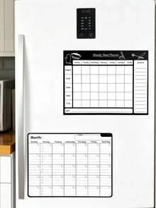 2pcs Magnetic Refrigerator Planner Set, Monthly Calendar + Weekly Meal Planner, Erasable Kitchen Food Tracker, Grocery List Memo Pad, Home Schedule Management Essential - Multicolor - View 2