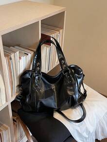 Retro Minimalist Large Capacity Fashion Student/Work Commute Tote Bag - Black - View 10