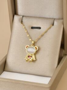 1pc Fashionable Cubic Zirconia Bear Stainless Steel Necklace For Women, 1 Pair Fashionable Cubic Zirconia Bear Stainless Steel Earrings For Women, Gold Jewelry, Gold Necklace, Women's Accessories, Gift For Her, Party, Summer Vacation - White - View 3
