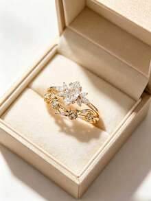 Set de 2 anillos de compromiso para mujer, anillos apilables elegantes y lujosos con flores y circonita cúbica - Adecuado para boda, fiesta, regalo - Dorado - Ver 11