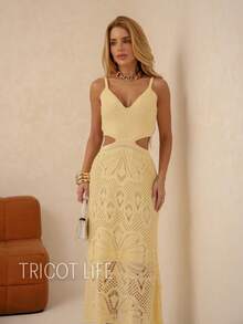 Women's Midi Dress, Knit With Lace, Party, Beach, Sophisticated, New Year's Eve, Christmas, Vacation, Beach, Wedding, Bridesmaid - 奶油黃 - 查看 5