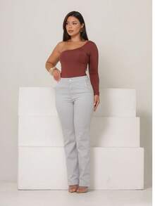 Women's Straight Leg Trousers In Satin Twill, Tailored Style, Malloy Style - Light Grey - View 4