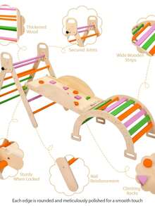 Set de Escalada 9 en 1 Método educativo para niños para Niños - Gimnasio de Madera con Triángulo Método pedagógico infantil y Arco Balancín - Rampa Reversible y Tienda - Para Interior y Exterior - Marrón Chocolate - Ver 1