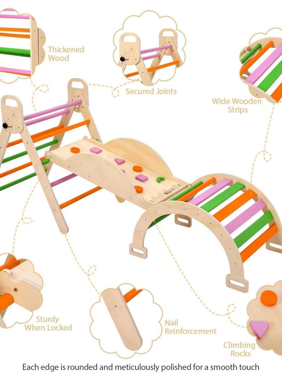 Set de Escalada 9 en 1 Método educativo para niños para Niños - Gimnasio de Madera con Triángulo Método pedagógico infantil y Arco Balancín - Rampa Reversible y Tienda - Para Interior y Exterior - Marrón Chocolate - Ver 1