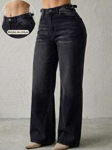Pantalón De Mezclilla Stretch Mujer Corte Wide Leg Cintura Alta - Negro - Ver 1
