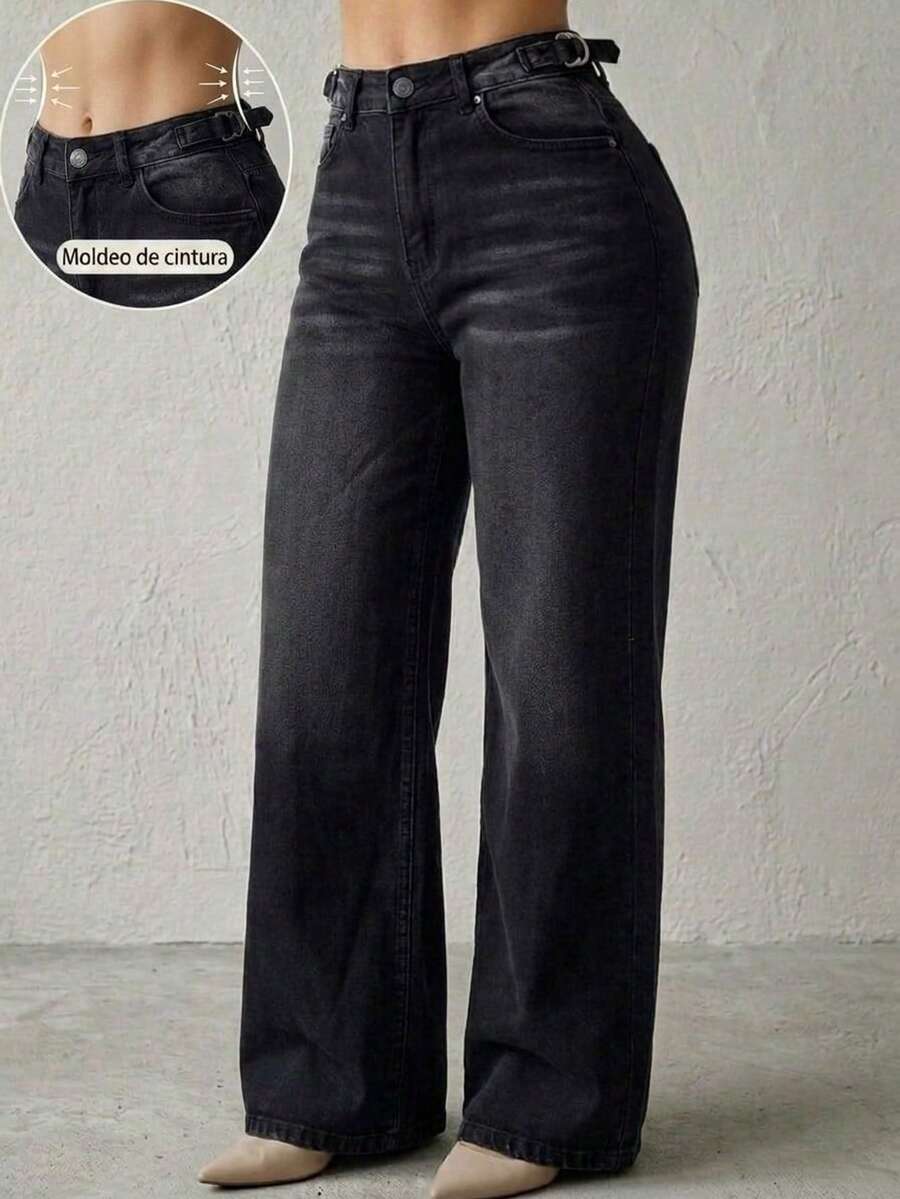 Pantalón De Mezclilla Stretch Mujer Corte Wide Leg Cintura Alta - Negro - Ver 1