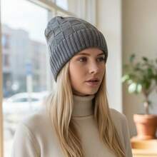 Short Checkered Wool Beanie Hat, Single Layer, Unlined - Gris - Ver 1
