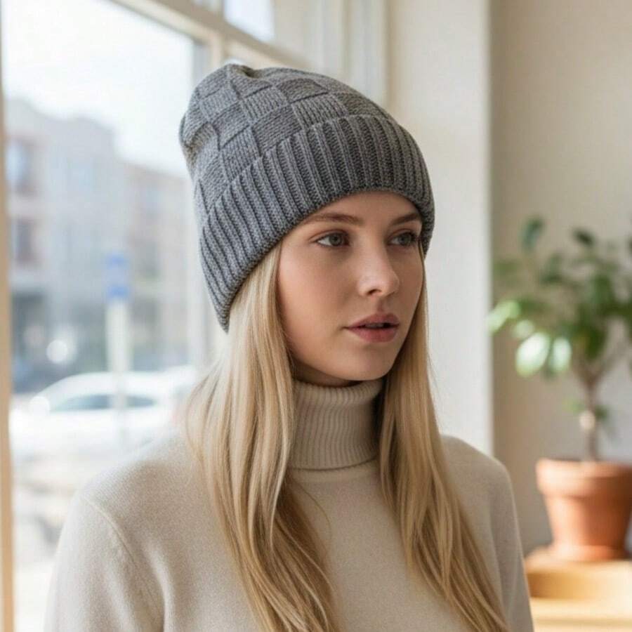 Short Checkered Wool Beanie Hat, Single Layer, Unlined - Gris - Ver 1