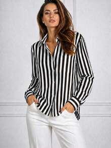 Women's Long-Sleeved Striped Linen Shirt, Brightly Colored - 黑色 - 查看 1