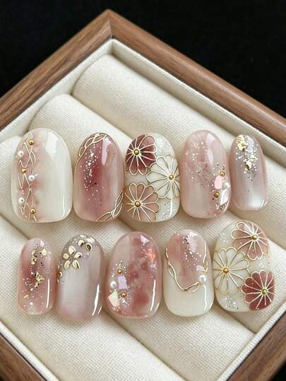 qihangxin 10 piezas de pegatinas de uñas hechas a mano, estilo Y2K, degradado rosa y blanco premium, decoración de concha de flor dorada, líneas pintadas a mano doradas y acentos de perlas, elegancia de lujo, uñas rosas y doradas, uñas ovaladas largas, uñas artificiales, adecuadas para primavera, verano, otoño, fiestas y uso diario