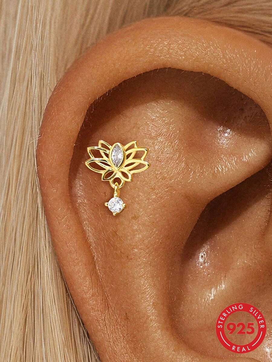 EleRunis 1PC 925 Sterling Silver Lotus Flat Back Cartilage Helix Piercing Fine Jewelry For Daily Wear Wedding Party Anniversary Valentine's Day