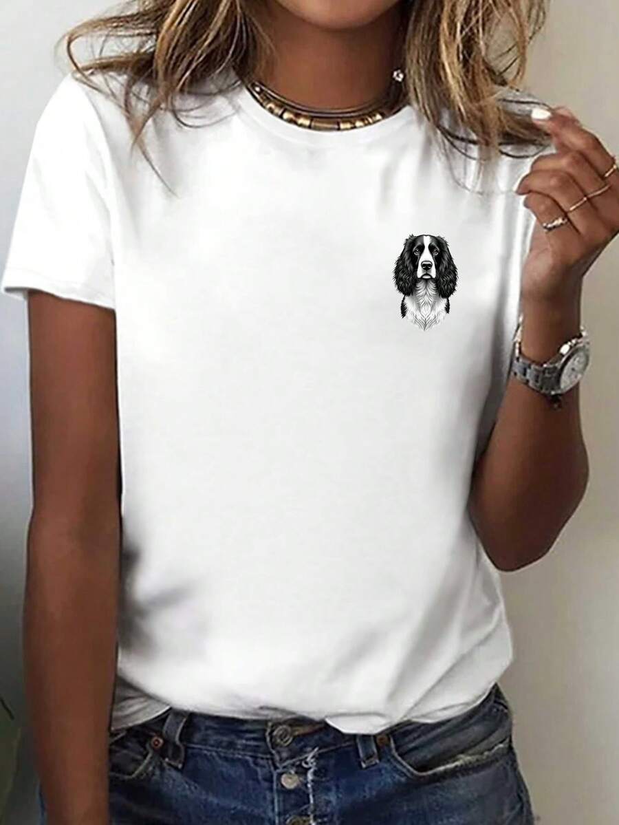 Camiseta casual de manga corta con cuello de tripulación de mujer con impresión de retrato de un spaniel Springer inglés, perfecta para la primavera y el verano