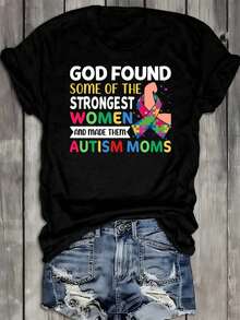 Women's Strong Autism Moms T-Shirt - 100% 180GSM Heavyweight Black Loose Short Sleeve Crew Neck With Puzzle Piece And Autism Awareness Ribbon Design, Inspirational "God Found Some Of The Strongest Women's Autism Moms" - 黑色 - 查看 1