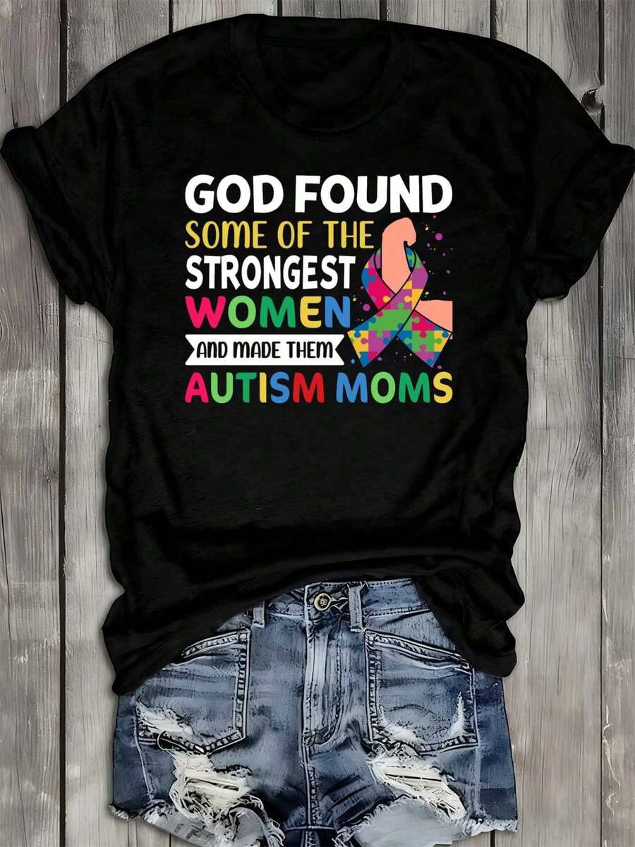 Women's Strong Autism Moms T-Shirt - 100% 180GSM Heavyweight Black Loose Short Sleeve Crew Neck With Puzzle Piece And Autism Awareness Ribbon Design, Inspirational "God Found Some Of The Strongest Women's Autism Moms" - 黑色 - 查看 1