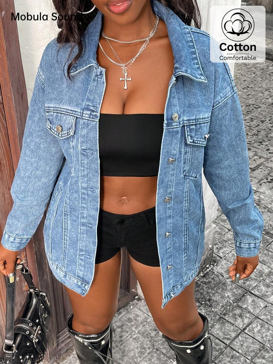 Mobula Sound# Fashionable Denim Jacket, Suitable For Spring/Summer, Casual, Daily, Travel, Airport, Brunch, Comfortable Commute Wear For Women - Blue - View 1