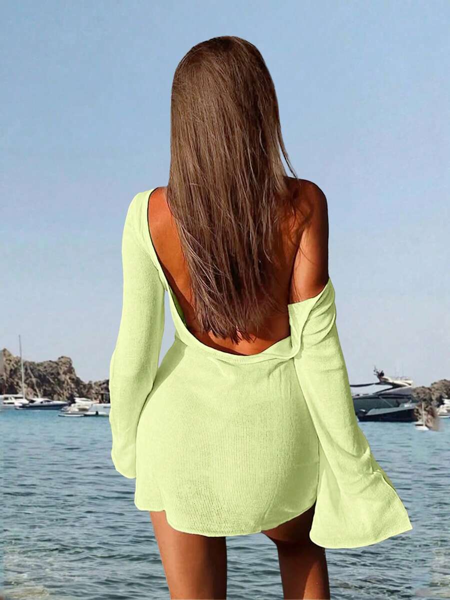 Women's Minimalist Sexy Sheer Lightweight Beach Vacation Bell Sleeve Backless Solid Color Fitted Cover-Up Mini Dress, Spring/Summer