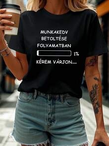 Cargando Entusiasmo por el trabajo en curso: Camiseta de cuello redondo de primavera y verano de mujer con elementos de trabajo y estampados de cartas - Negro - Ver 2