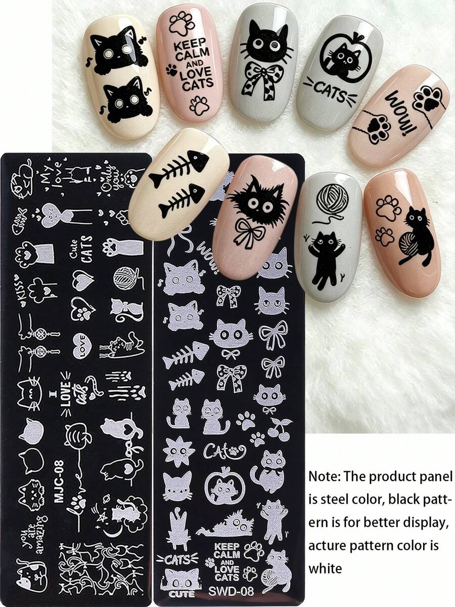2Pcs Cute Cat Nail Stamping Plates Set, Stainless Steel Nail Art Template With Kitten Paw Fishbone Wool Ball Pattern, Sweet Cat Lover Style Stencil For DIY Manicure, Perfect For All Seasons Nail Designs, Nail Accessories Tools - Silver - View 1
