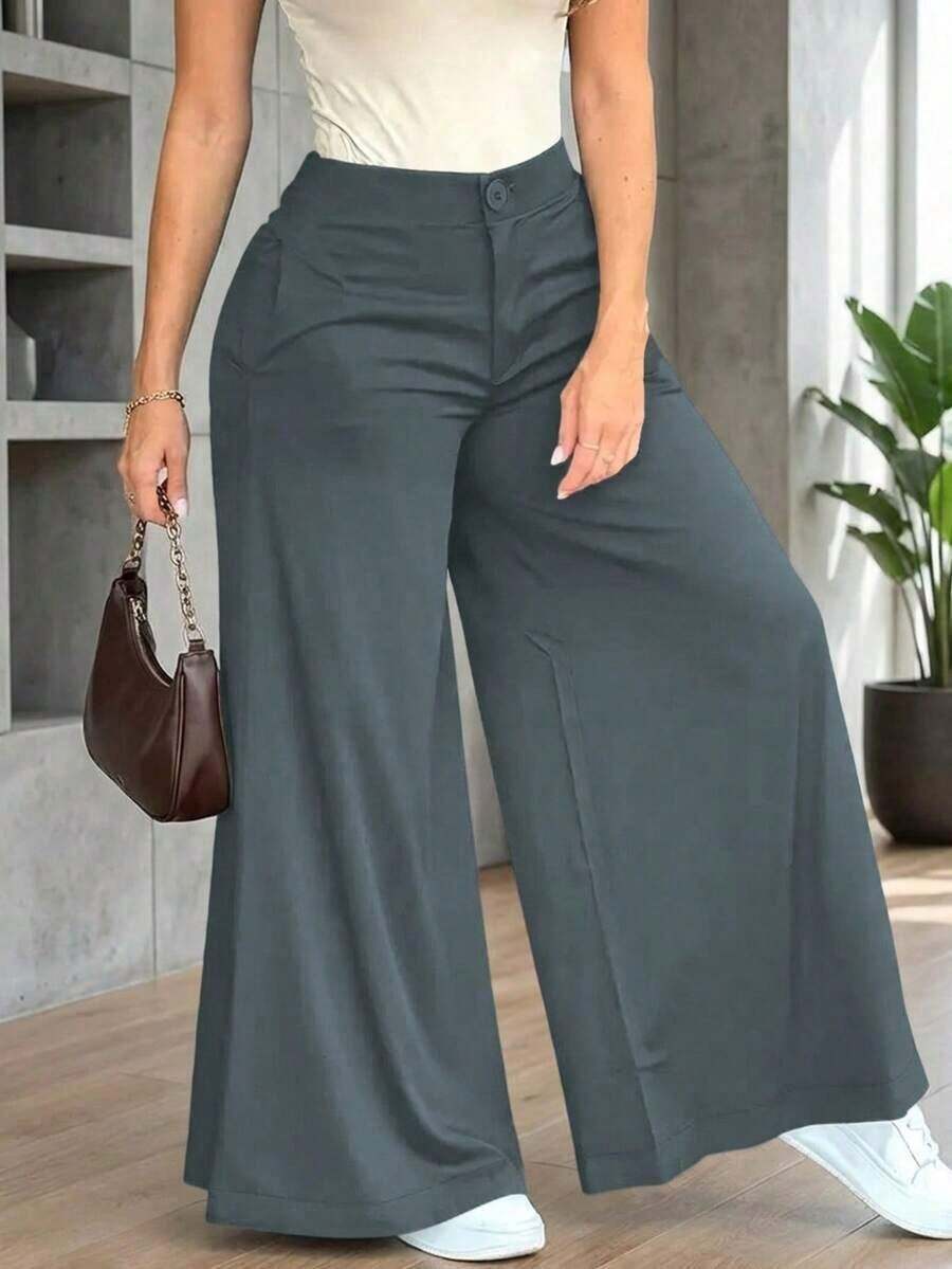 Pantalones anchos y sueltos de unicolor y casual para mujer, elegantes y minimalistas para la primavera - Gris hierro - Ver 1