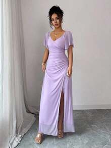 Vestido morado claro con cuello en V, mangas con volantes, cintura plisada y abertura, vestido elegante de dama de honor, vestido de fiesta, primavera/verano - Morado - Ver 5