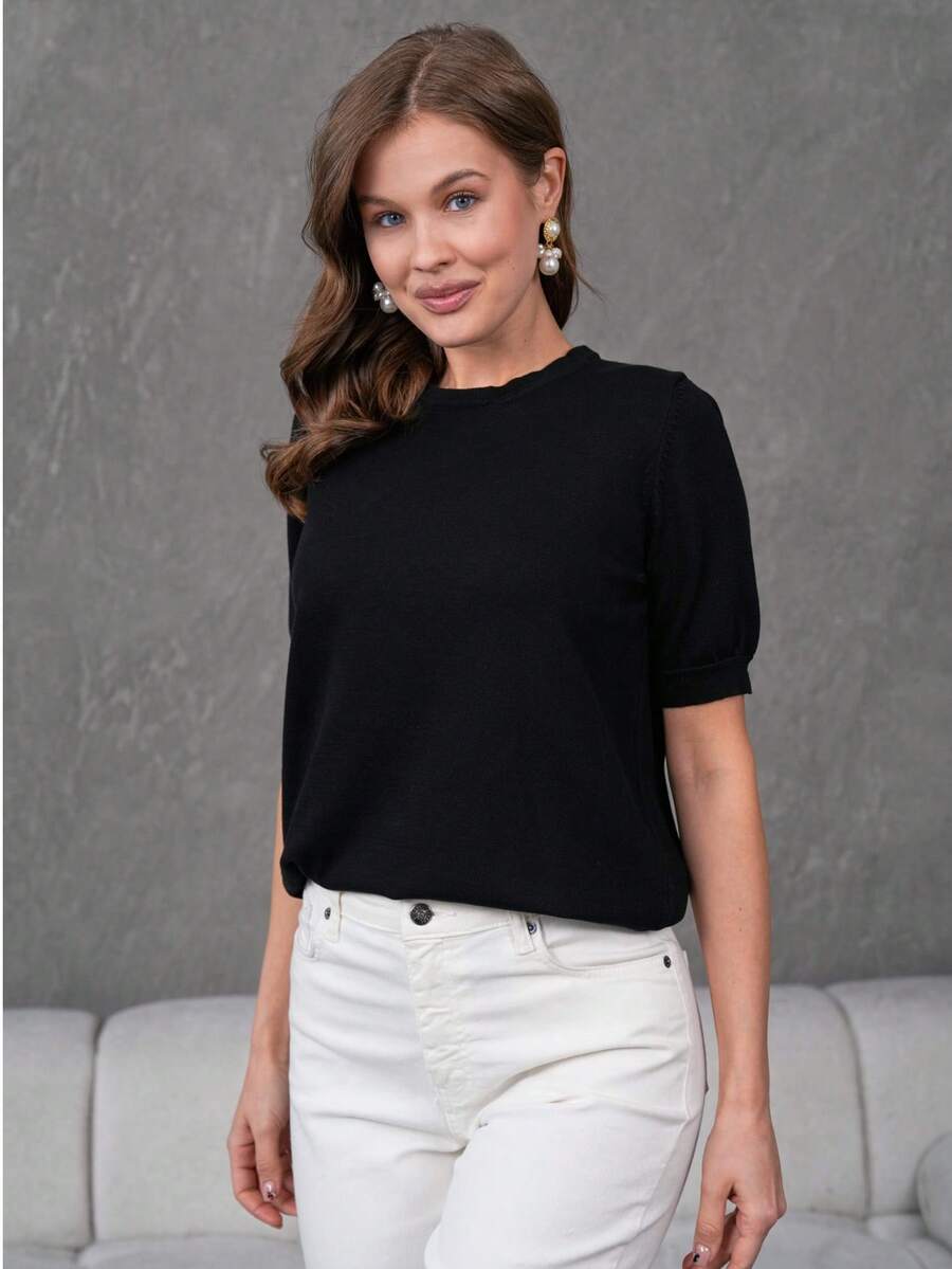 Women's Short-Sleeve Knitted Blouse With Button Closure At The Neck - Black - View 1